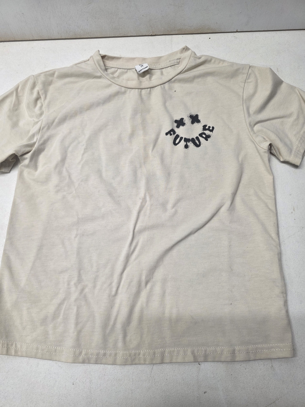 SHEIN Kids Size 7Y Future Smiley Face Graphic T-Shirt Beige Cream Short Sleev